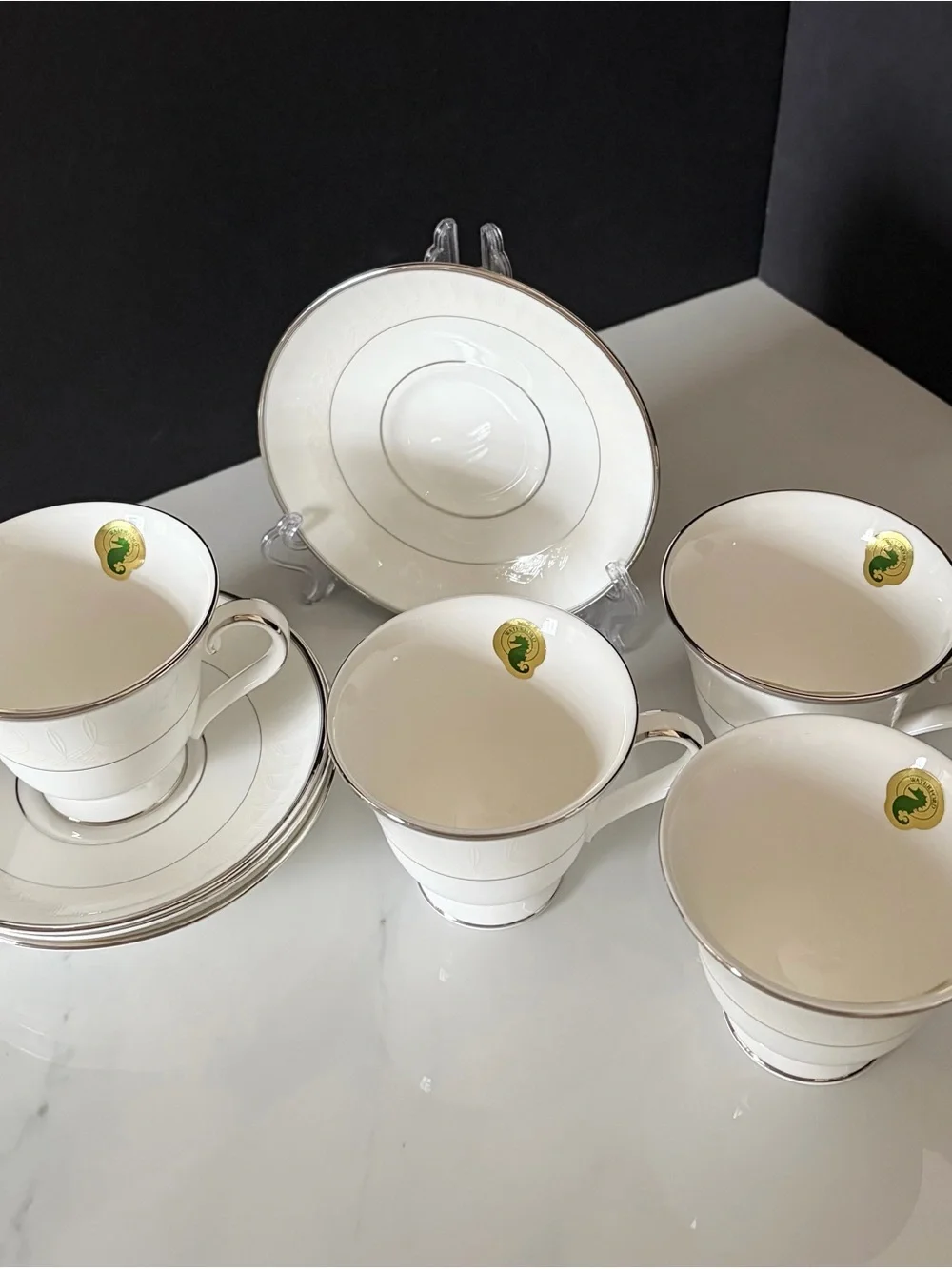 SET of 4 Lismore Platinum Cup & Saucers by Waterford